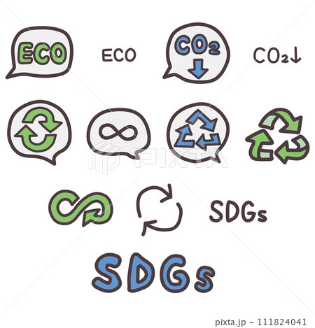 SDGsやエコなど環境保護や資源の循環をイメージした手描きの文字やアイコンセット 111824041