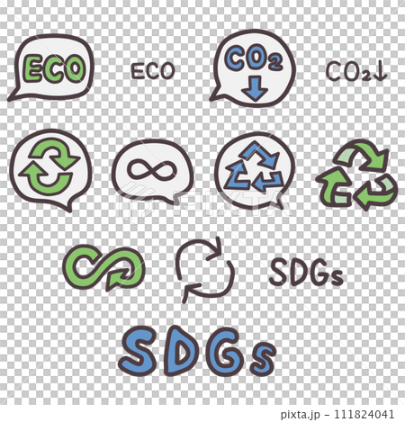 A set of hand-drawn letters and icons inspired by environmental protection and resource circulation, such as SDGs and ecology. 111824041