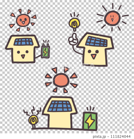 Illustration set of house characters and the sun, inspired by solar power generation at home Illustration set of house characters and the sun, inspired by solar power generation at home 111824044