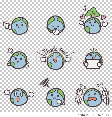 An illustration set of simply deformed Earth characters with various expressions. An illustration set of simply deformed Earth characters with various expressions. 111824045