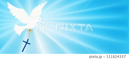 Abstract dove flying and carrying a Christian cross. Christian symbol. Light blue background with bright rays. Easter.Symbol of purity.Christian faith. Baptism.Holy Spirit. Evangelization 111824337