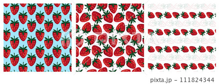 Strawberry summer fruit on blue seamless pattern set for textile, scrapbook, wallpaper, decorative paper. Vector background illustration with sweet food 111824344