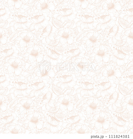 Chines peonies flower with leaves beige monochrome background, hand drawn line art floral elements for surface design. Vector seamless pattern for textile, fabric, wallpaper, scrapbook 111824381