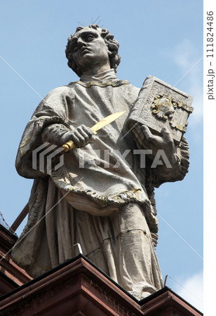 St. Colman on the Facade of Neumunster Collegiate Church in Wurzburg, Germany St. Colman on the Facade of Neumunster Collegiate Church in Wurzburg, Germany 111824486