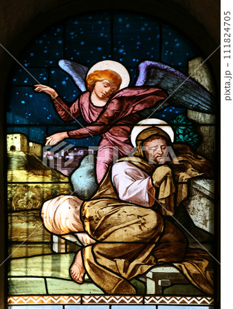 The Dream of Saint Joseph, stained glass window in the Church of Saint Joseph in Nazareth, Israel The Dream of Saint Joseph, stained glass window in the Church of Saint Joseph in Nazareth, Israel 111824705