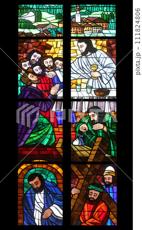 Last supper, Stained glass in Votivkirche (The Votive Church) in Vienna, Austria Last supper, Stained glass in Votivkirche (The Votive Church) in Vienna, Austria 111824806