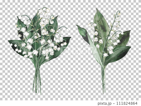 Watercolor flower arrangement set with white bouquets of delicate spring lilies of the valley. Design for printing postcards, invitations to weddings, birthdays, spring and summer holidays 111824864