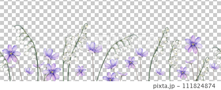 Border watercolor spring flowers. Coppice, hepatica - first spring flowers. Spring lily of the valley Illustration of delicate lilac flowers. Hand drawn texture with white and violet flowers. Isolated Border watercolor spring flowers. Coppice, hepatica - first spring flowers. Spring lily of the valley Illustration of delicate lilac flowers. Hand drawn texture with white and violet flowers. Isolated 111824874