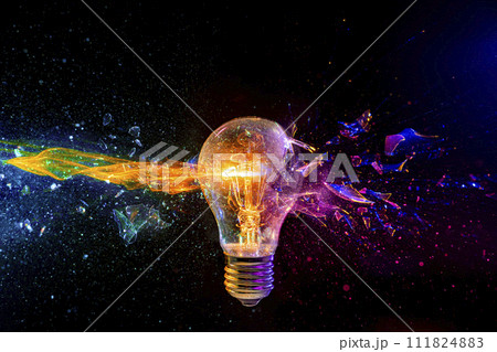 Exploding light bulb with colorful fragment splash Exploding light bulb with colorful fragment splash 111824883