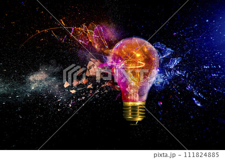 Exploding light bulb with colorful sparks Exploding light bulb with colorful sparks 111824885