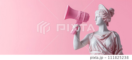 AI-generated content. A Statue Of A Woman Is Holding A Pink Megaphone In Her Mouth AI-generated content. A Statue Of A Woman Is Holding A Pink Megaphone In Her Mouth 111825238
