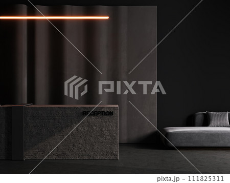 Luxury dark hall interior with concrete reception desk in hotel with plastered panel, fitness center, spa, beauty salon, front desk, 3d rendering Luxury dark hall interior with concrete reception desk in hotel with plastered panel, fitness center, spa, beauty salon, front desk, 3d rendering 111825311