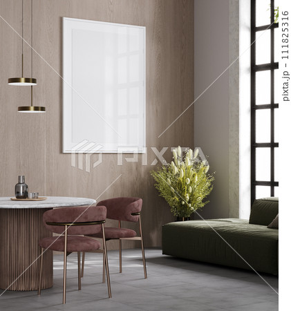 Big frame mockup in modern wooden interior background with pink chair, 3d rendering 111825316