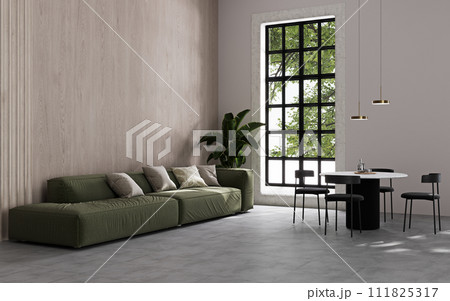 Stylish living room interior with green sofa mock up, modern interior background, empty wooden wall mockup, 3d illustration 111825317