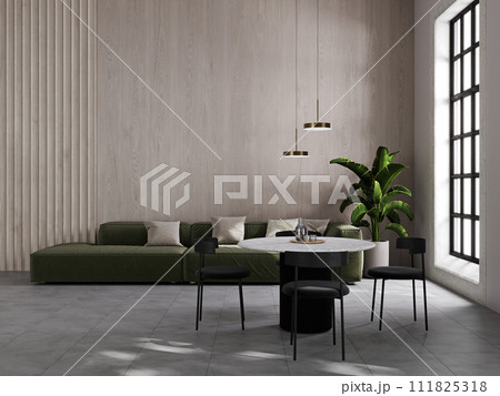 Minimalist living room interior with dining area, modern green sofa and wooden walls. Interior mockup, 3d render 111825318