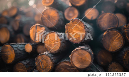 a bunch of wooden logs in full screen in morning light with light a bunch of wooden logs in full screen in morning light with light 111825387