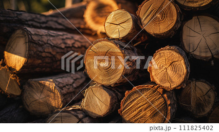 a bunch of wooden logs in full screen in morning light with light  111825402