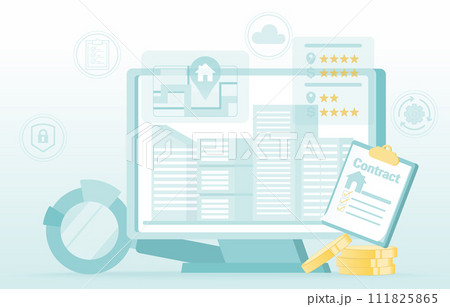Property investment, real estate, or mortgage concept. Searching house or apartment purchase, rental, contract document, comparing from online platforms. Flat vector design illustration. 111825865