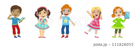 Happy Children with Mobile Gadget Use Application Vector Set 111826055