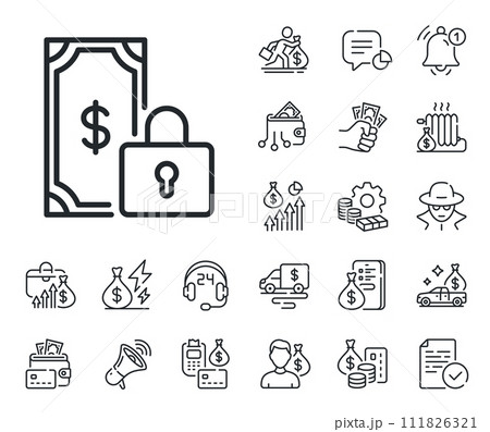 Dollar sign. Cash money, loan and mortgage outline icons. Private payment line icon. Finance symbol. Private payment line sign. Credit card, crypto wallet icon. Inflation, job salary. Vector 111826321