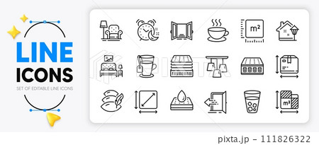 Entrance, Ice tea and Square meter line icons set for app include Square area, Ceiling lamp, Cappuccino outline thin icon. Alarm, Tea, Open door pictogram icon. Street light, Mattress. Vector Entrance, Ice tea and Square meter line icons set for app include Square area, Ceiling lamp, Cappuccino outline thin icon. Alarm, Tea, Open door pictogram icon. Street light, Mattress. Vector 111826322