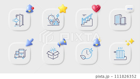 Entrance, Buildings and Radiator line icons. Buttons with 3d bell, chat speech, cursor. Pack of Open box, Inventory cart, Stairs icon. Building energy, Charging time pictogram. Vector Entrance, Buildings and Radiator line icons. Buttons with 3d bell, chat speech, cursor. Pack of Open box, Inventory cart, Stairs icon. Building energy, Charging time pictogram. Vector 111826352