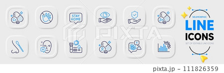 Do not touch, Stay home and Insurance hand line icons for web app. Pack of Chromium mineral, Face declined, Health eye pictogram icons. Covid test, Nasal test, Vitamin signs. Vector Do not touch, Stay home and Insurance hand line icons for web app. Pack of Chromium mineral, Face declined, Health eye pictogram icons. Covid test, Nasal test, Vitamin signs. Vector 111826359