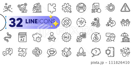 Outline set of No puzzle, Puzzle and Video conference line icons for web with Wind energy, Water splash, Ranking thin icon. Election candidate, Diesel station, Timeline pictogram icon. Vector 111826410