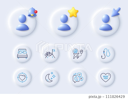 Mountain bike, Hook and Pillows line icons. Placeholder with 3d cursor, bell, star. Pack of Heart target, Miss you, Sleep icon. Flight sale, Moon pictogram. For web app, printing. Vector 111826429