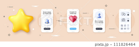 Report, Mortgage and Food market line icons pack. Phone screen mockup with 3d bell, star and placeholder. Alarm clock, Beer glass, Fireplace web icon. Add photo, Shield pictogram. Vector 111826464