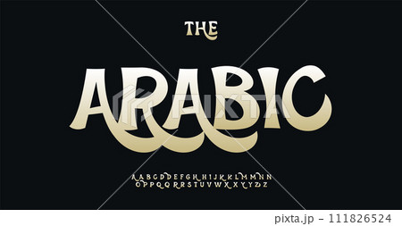 Whimsical cartoon alphabet, opulent Arabic calligraphy, gold swash letters, chic comic type for enchanting logos, engaging headlines, decorative design. Vector typeset. 111826524