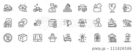 Icons pack as Flag, Garage and Delivery man line icons for app include Fragile package, Tickets, Warning outline thin icon web set. Valet servant, Fake news, Roller coaster pictogram. Vector Icons pack as Flag, Garage and Delivery man line icons for app include Fragile package, Tickets, Warning outline thin icon web set. Valet servant, Fake news, Roller coaster pictogram. Vector 111826586