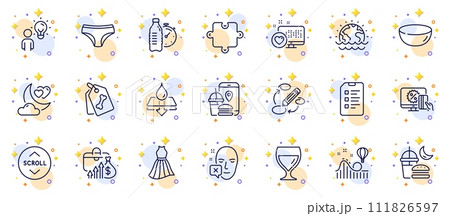 Outline set of Dress, Fitness water and Water resistant line icons for web app. Include Heart, Disaster, Face declined pictogram icons. Checklist, Night eat, Group people signs. Vector 111826597