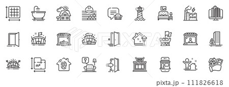 Icons pack as Furniture, Street light and Open door line icons for app include Lighthouse, Fingerprint access, Market seller outline thin icon web set. Buildings, Enterprise, Shop pictogram. Vector Icons pack as Furniture, Street light and Open door line icons for app include Lighthouse, Fingerprint access, Market seller outline thin icon web set. Buildings, Enterprise, Shop pictogram. Vector 111826618