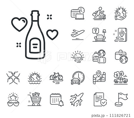 Wedding drink sign. Plane jet, travel map and baggage claim outline icons. Love champagne line icon. Couple relationships symbol. Love champagne line sign. Car rental, taxi transport icon. Vector 111826721