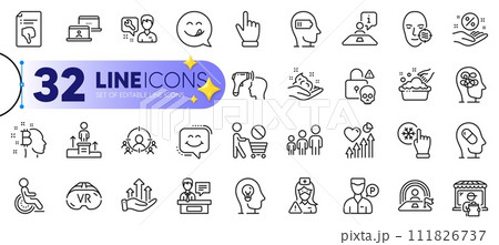 Outline set of Valet servant, Stress and Business podium line icons for web with Smile chat, Depression treatment, Yummy smile thin icon. Weariness, Electronic thermometer. Vector 111826737