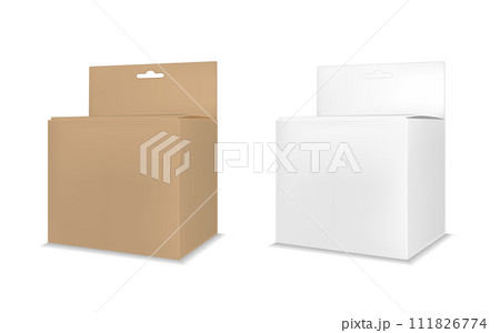 Realistic transparent paper or plastic packaging box with hanging hole Realistic transparent paper or plastic packaging box with hanging hole 111826774