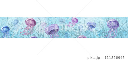 Floating medusa flock among plants. Seamless banner. Blue and violet jellyfish. Jellyfishes with long poisonous tentacles. Sea animals. Watercolor illustration. For package, design 111826945