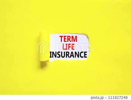 Term life insurance symbol. Concept words Term life insurance on beautiful white paper. Beautiful yellow paper background. Medical term life insurance concept. Copy space. Term life insurance symbol. Concept words Term life insurance on beautiful white paper. Beautiful yellow paper background. Medical term life insurance concept. Copy space. 111827246