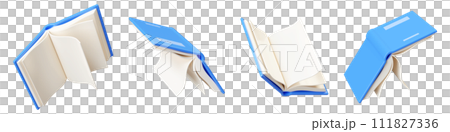 Open paper book with white pages and blue hard cover flying in air in different angles of rotation. 3D render illustration set of cartoon floating literature for reading and education concept. Open paper book with white pages and blue hard cover flying in air in different angles of rotation. 3D render illustration set of cartoon floating literature for reading and education concept. 111827336