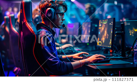 eSports competitive gamer in the heat of intense gameplay 111827371