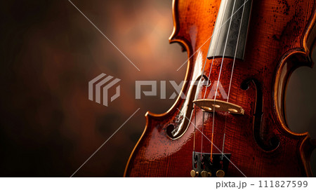harmony of musical instruments, focusing on the elegant curves of a violin  111827599