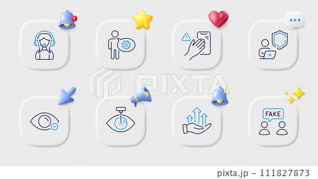 Cogwheel, Support and Growth chart line icons. Buttons with 3d bell, chat speech, cursor. Pack of Dont touch, Fake information, Shield icon. Myopia, Eye laser pictogram. For web app, printing. Vector 111827873