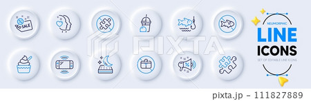 Sale megaphone, Fishing and Heart line icons for web app. Pack of Sale, Ice cream, Puzzle pictogram icons. No handbag, Mattress, Stop fishing signs. Game console, Ice cream milkshake. Vector 111827889