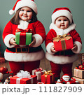 AI-generated content. funny baby dressed in Santa Claus hat on bright festive background 111827909