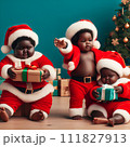 AI-generated content. funny baby dressed in Santa Claus hat on bright festive background 111827913