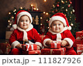 AI-generated content. funny baby dressed in Santa Claus hat on bright festive background 111827926