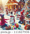 AI-generated content. Happy children gathering in snow-covered yard together sculpting funny snowman from snow. 111827936