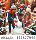 AI-generated content. Happy children gathering in snow-covered yard together sculpting funny snowman from snow. 111827945