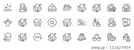 Icons pack as Cream, Skin care and Aroma candle line icons for app include Spa stones, Uv protection, Sun protection outline thin icon web set. Sunglasses, Cholecalciferol, Vitamin h pictogram. Vector 111827954